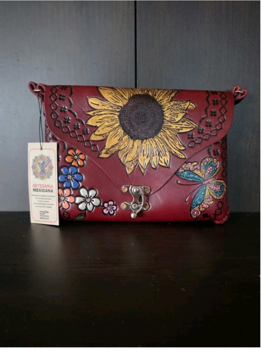 Sunflower Butterfly Red Wine Embossed Tooled Artisan LEATHER Crossbody Purse Bag - Picture 4 of 16